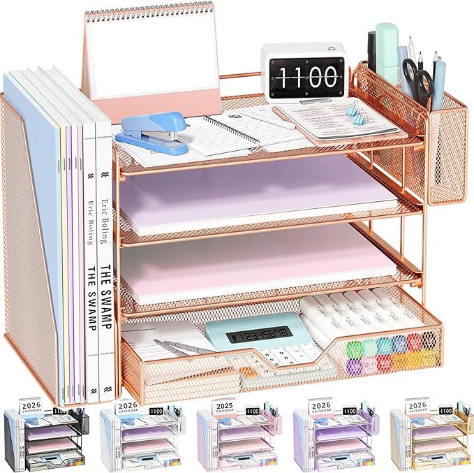 Desk Organizers and Accessories, 4-Tier Desktop File Organizer with Drawer and Pen Holders, Office Desk Accessories Workspace Organizers for Office Supplies (Rose Gold)