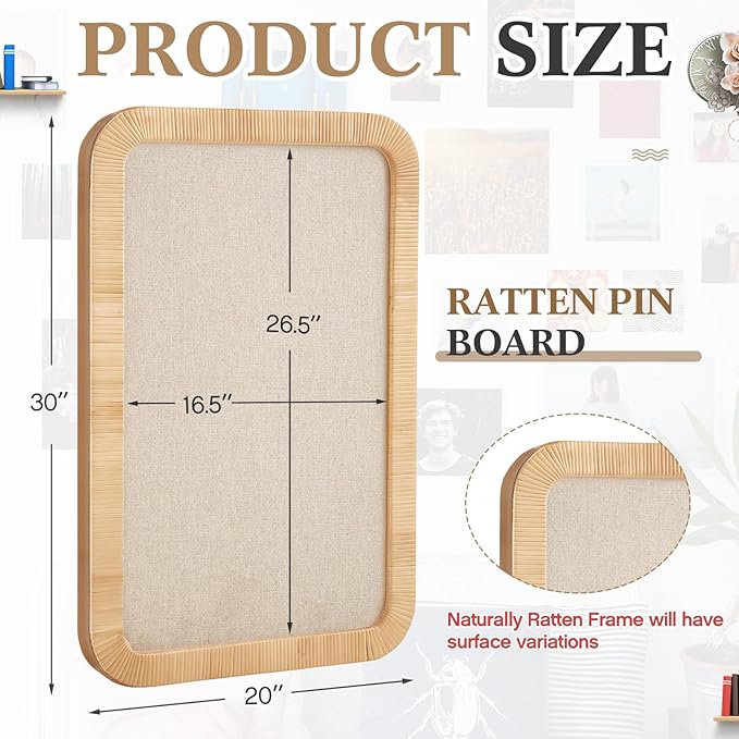 Vintage Framed Pin Board Linen Display Bulletin Board Large Ornate Fabric Picture Photo Pinboard Memo Decorative Prayer Pinboard Ornate for Wall Gift(Boho Rectangle,20'' X 30'',Light Brown)