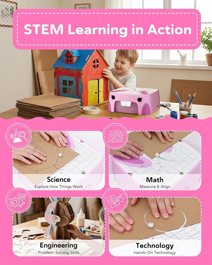 Rabbit Kids Cardboard Cutter for Ages 3+, Safe Bladeless Power Tool for Cardboard Crafts, DIY STEM & STEAM Educational Construction Kit, Creative Upcycling Gift Toy for Boys & Girls