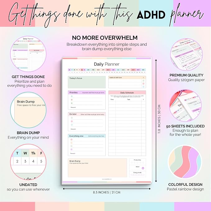 ADHD Daily Planner Notepad for Neurodivergent Adults - Productivity Daily Planner Desk Pad & Task Management to Stay Organized and Focused Note Pad (Rainbow, A4 Portrait)