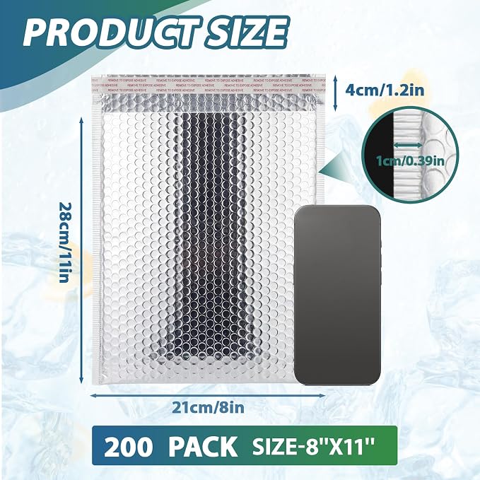200 Pack 8 x 11 Inch Insulated Bubble Mailers, Silver | Self Seal Closure, Foil Lined Interior, Padded Cushioning, Waterproof, Cold Delivery Packing, for Food and Cosmetics