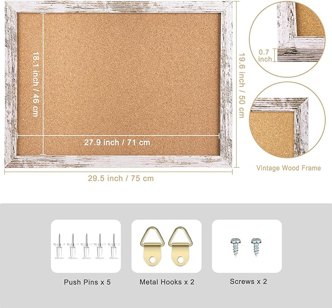 Cork Board Bulletin Board, 29.5x19.7 inches Decorative Hanging Framed Cork Boards for Walls, Pin Board Vision Board for School Home Office, Bulletin Board with Wooden Frame (5075,WH,1pc)