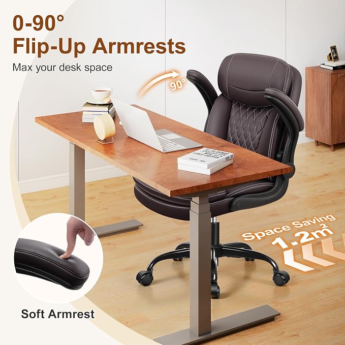 Leather Office Chair, PU Computer Desk Chairs with Upgraded Double-Layer Seat Cushion and Neckrest, 360°Swivel, Ergonomic Small Gaming Chair with Wheels and Adjustable Armrests, Dark Brown