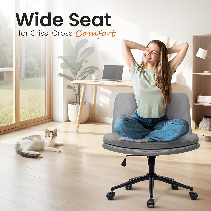 NEO CHAIR Criss Cross Chair with Wheels Armless Cross Legged Office Desk Wide Comfy Vanity Makeup Chair Adjustable Swivel Rolling Computer for Home Office PU Leather (Grey) | Cross-Legged Friendly, Height Adjustable with 360° Swivel, Smooth Rolling Whe...