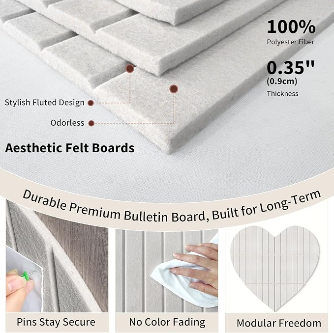 Heart Shaped Felt Bulletin Board 29"x29", 6 Tiles Wall Decor, Beige | Photo Display Memo Board for Office Home, Felt Pin Board with Adhesive Tiles and Pins for Notes, Photos and Artwork