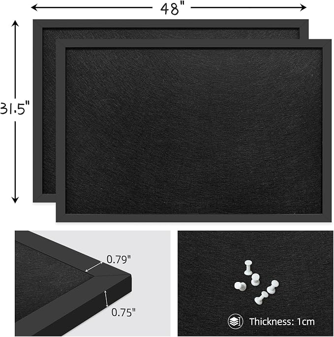 31.5"x48" Black Framed Black Linen Bulletin Board, Pin Board | Linen corkboard texture. Premium cork boards for walls and pin board office organizer.