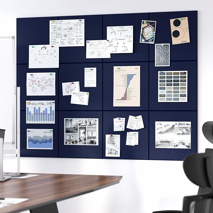 Large Cork Board for Wall, 48" x 36" Bulletin Board with Pushpins, 12 Panels Felt Tiles Tack Push Pin Board for Office, Dark Blue