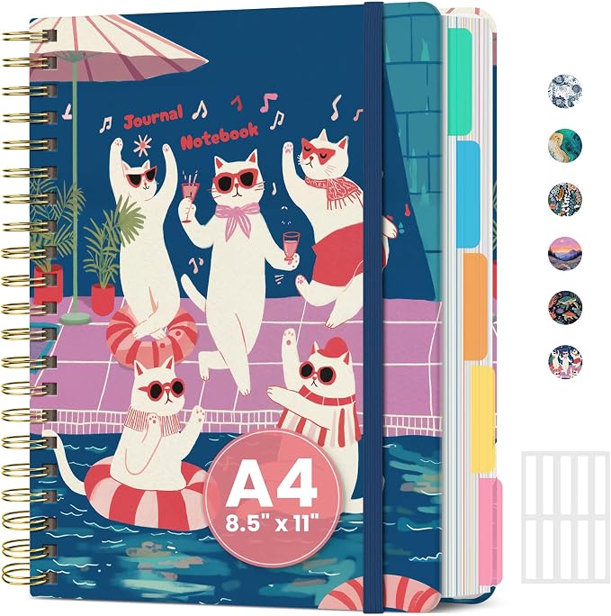 ZOTIA Large Spiral Notebook for Work, 8.5" x 11" Journal for Women, Cute 5 Subject Notebook with Removable Dividers & Tabs, College Ruled Lined Journal for Office and School, 280 Pages, Cat Fiesta