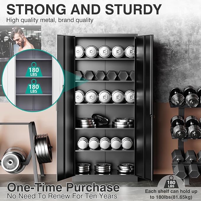 Metal Storage Cabinet with 2 Doors and 6 Shelves,Black Metal Cabinet with Lock,71" Lockable Garage Storage Cabinets,Locking File Cabinet,Steel Tool Cabinets for Home,Office,Garage,Shop,School