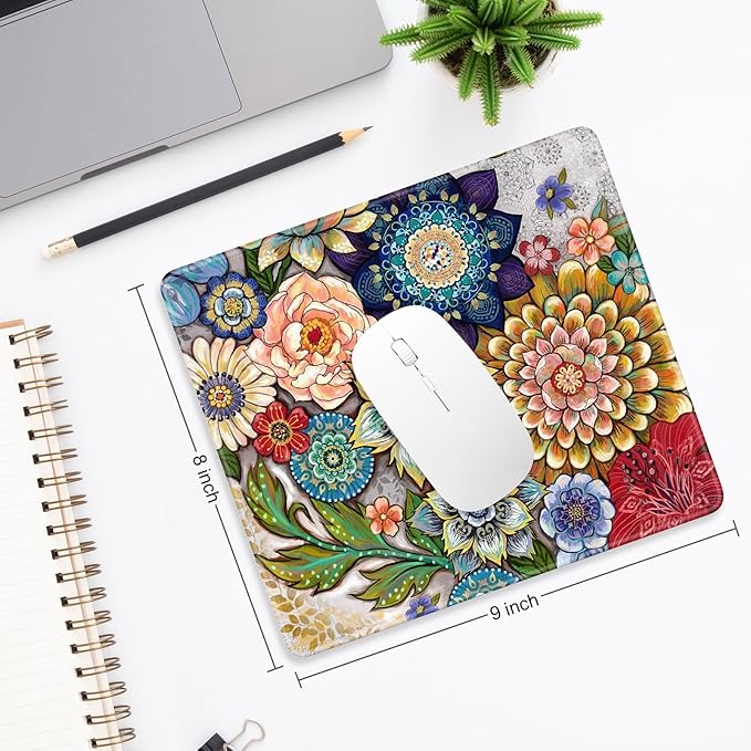 Mouse Pad, Minimalism Marble Style Computer Pad, Anti-Slip Rubber Mouse Mat with Stitched Edges for Gaming, Office, Laptop, PC, Women, 9" x 8" Thick 3 mm, Retro Flower