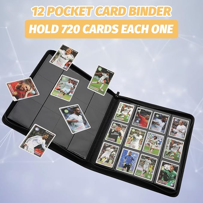 12 Pocket Ringless Side Loading Trading Card Binder, 720 Cards PU Fixed Page Zipper Card Album for TCG Sports Game Cards, Not Fit Top Loaders (Black)