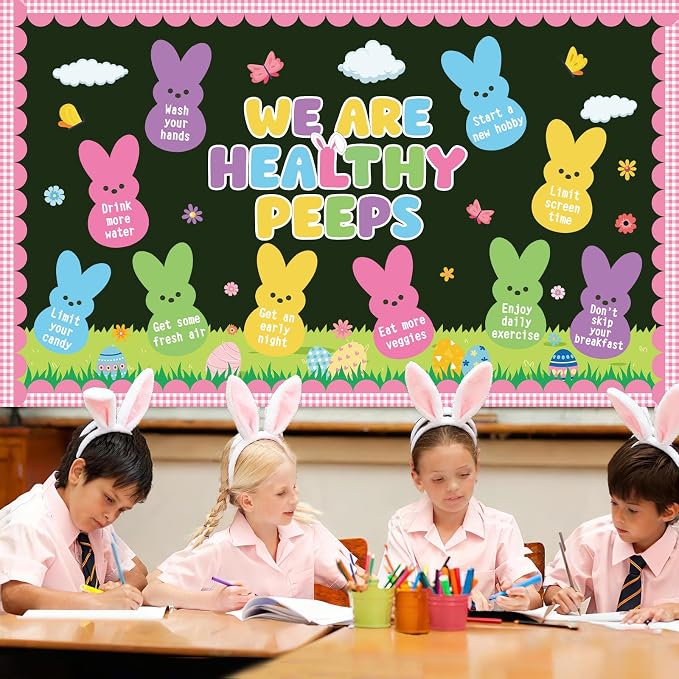 Easter Bunny Bulletin Board Set Easter Health Habits Bulletin Board Decoration Spring Bunny Cutouts Rabbit Good Habit Paper Cutout Spring Classroom Decoration for School Chalkboard Wall Decor Supplies