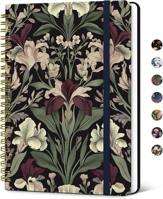 Taja Spiral Journal Notebook for Women, Pretty Hardcover Lined Notebook for Work & Note Taking, Aesthetic Cute Journal for Writing, 140 Pages, 5.8"x8.3", Dark Botanica