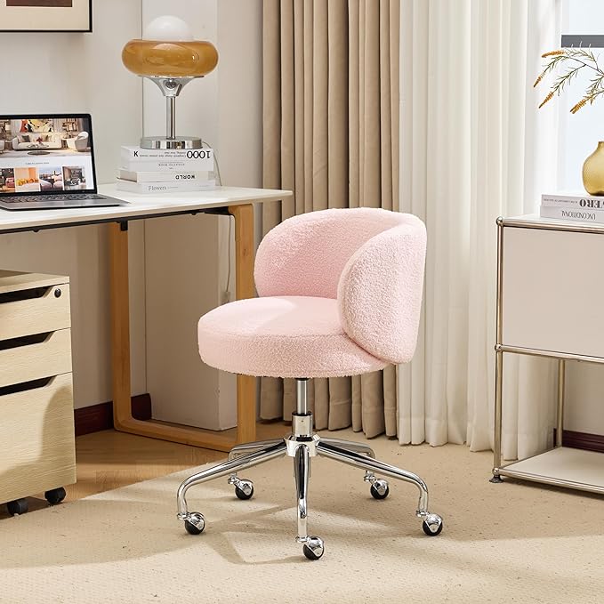 VINGLI Cute Small Swivel Desk Chair Comfy with Wheels,Ergonomic Low-Back Lumbar Support Vanity Nail Tech Rolling Task Stool Girls Women Kids Chair for Home Office,Height Adjustable,Teddy Fleece,Pink