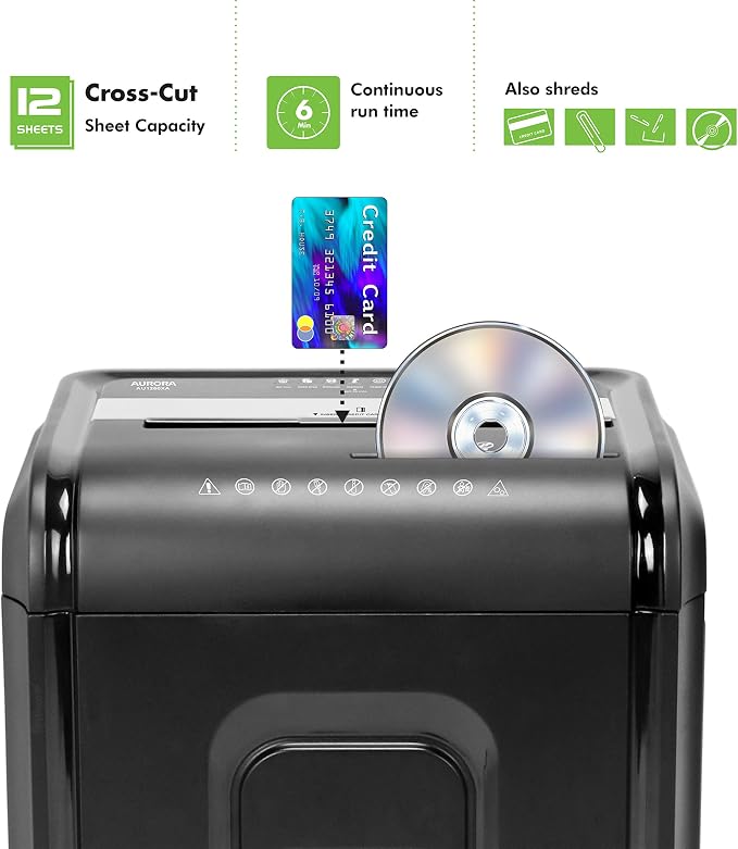 Aurora AU1260XA Anti-Jam 12-Sheet Crosscut Paper and CD/Credit Card Shredder & SL16 Professional Grade Synthetic Shredder Oil, 16 Oz Flip-Top Leak Proof Bottle