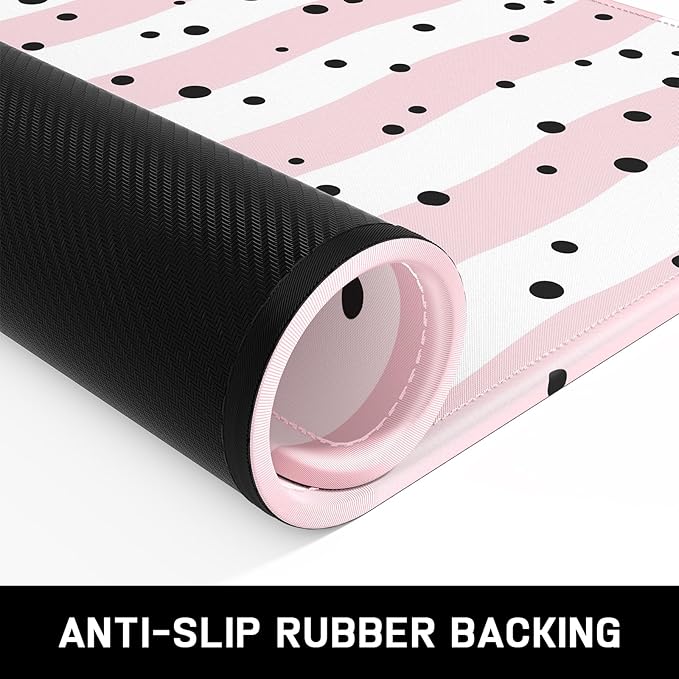 Mouse Pad, Minimalism Marble Style Computer Pad, Anti-Slip Rubber Mouse Mat with Stitched Edges for Gaming, Office, Laptop, PC, Women, 9" x 8" Thick 3 mm, Pink White Polka Dots