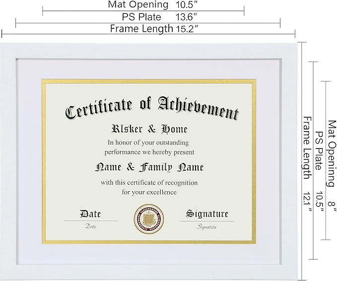 ELSKER&HOME 8.5x11 Certificate Frame - Classic White Color Frame - Displays Diploma 8.5x11 Inch with Mat - 11x14 Inch Without Mat - For Document/Photo (2 Pack, Matte White with Gold Rim)