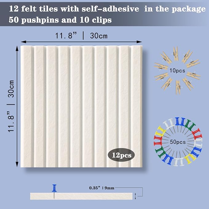 YOUDEFUL 47" x 35" Large Felt Bulletin Board, White | 12 Pcs Self-Adhesive Cork Board Alternative, Pin Boards for Wall Decor, Home, Office, Classroom,Dorm
