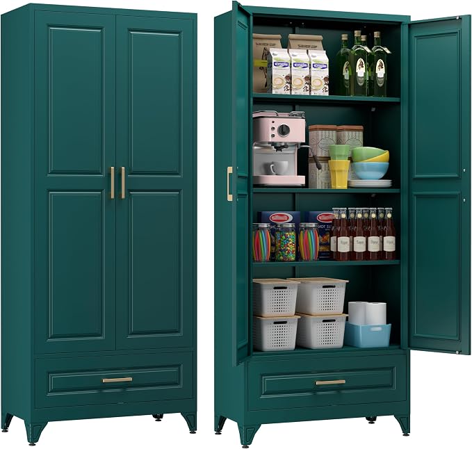 75" Tall Metal Kitchen Pantry Cabinet, Storage Cabinet with Doors | Kitchen Cabinet with Drawer & 3 Adjustable Shelves, Tall Food Pantry, Cupboard for Kitchen, Dining Room, Garage & Office
