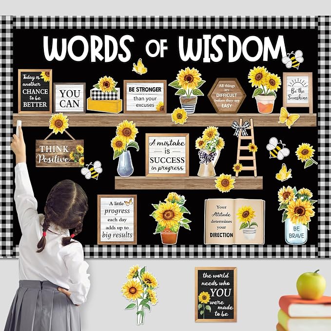 Mooliwe 57 Pcs Sunflower Bulletin Board Set, Classroom Decor | Inspirational Quotes Cutouts with Bee Butterfly Accents, Back to School Wall Decor for Teacher Office, Positive Classroom