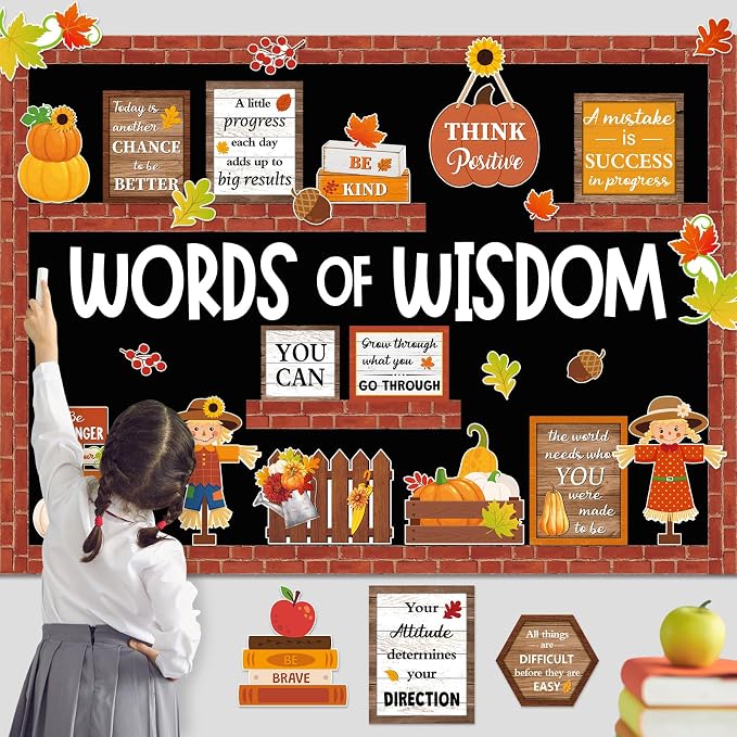 Mooliwe 57 Pcs Fall Bulletin Board Set Inspirational Cutouts Classroom | Words of Wisdom Teacher Decor, Scarecrows Pumpkins Leaves Cutouts, Office School Wall Supplies, Motivational Quotes
