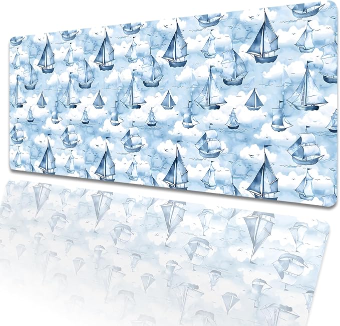 Sailboat Extended Mouse Pad 31.5x11.8in, Blue Ocean Cloud Pattern Large Desk Mat with Non-Slip Rubber Base, Big Mousepad for Laptop Computer PC, Gaming Office Home Decor, Deskmat Gifts