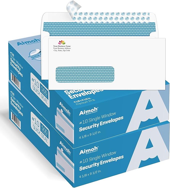 Aimoh #10 Custom Printed Single Left Window Self Seal Security Envelopes, Text and Logo Customization, Security Tinted, 4-1/8 x 9-1/2 Inches, 24 LB, 1000 Count (7-35210-1000)