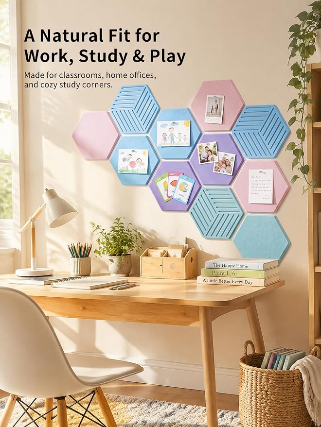 Hexagon Cork Board Tiles for Office Walls Decor 10 Pack 11.81" X 10.24" | Traceless Nano Adhesive Tabs, 0.39 " Thickness Specification, Cover 6.3 Ft² Area, Photo Memory Display, Vision Board Creation