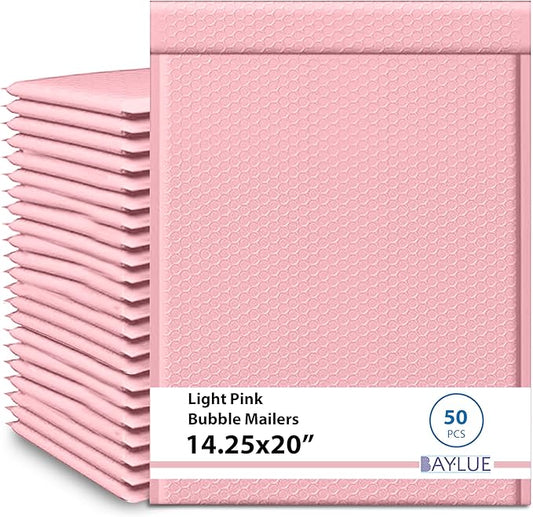 Light Pink 14.25x20 Inch Poly Bubble Mailers #7 | Self Seal Large Padded Envelopes | Air Cushioned Bubble Mailer | Usable Size 14.25x19 Inch | Waterproof Lightweight Mailing Shipping Bags | 50 Pack