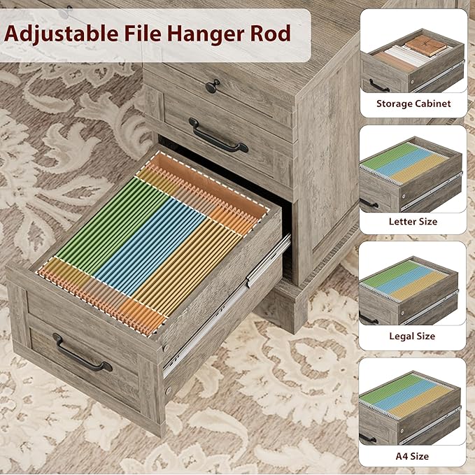 Garvee 53.5" Wooden Home Office Desk with File Drawers, Executive Desk with Power Outlet, Farmhouse Wood Desk with Storage, Distressed Study and Work Table, Rustic Grey