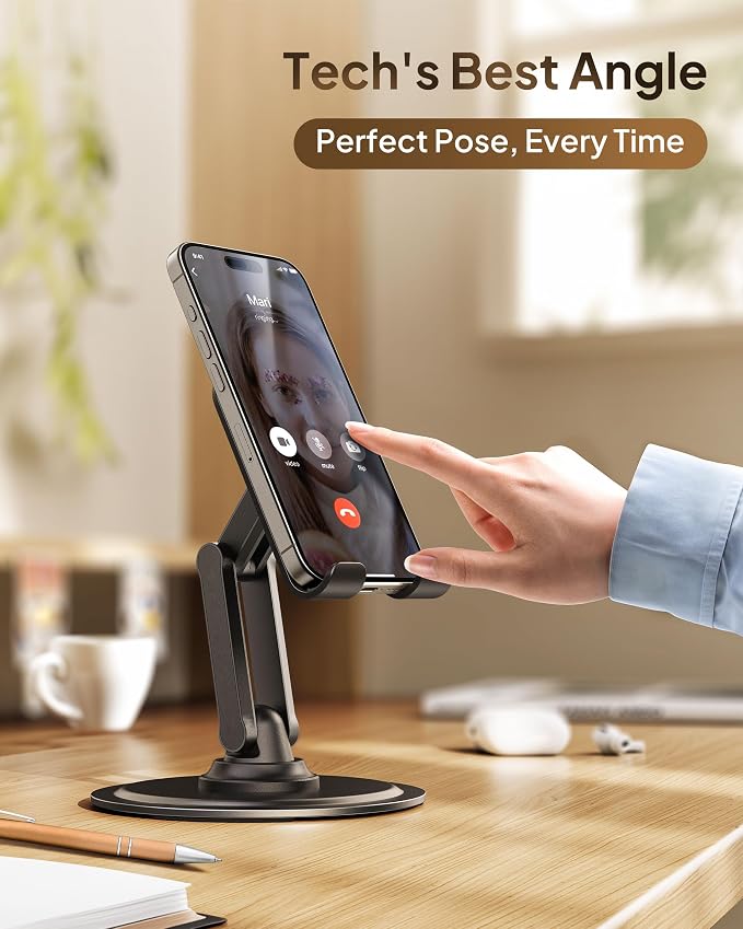 COOPER 360° Stand, Rotating Cell Phone Stand for Desk | Sturdy Metal Base, Foldable, Portable | Cell Phone Holder for Desk (Piano Black) | 360° Click Rotating, Adjustable, Foldable, Portable, Metal Base, Cell Phone Holder for Desk; Fits all Samsung, An...
