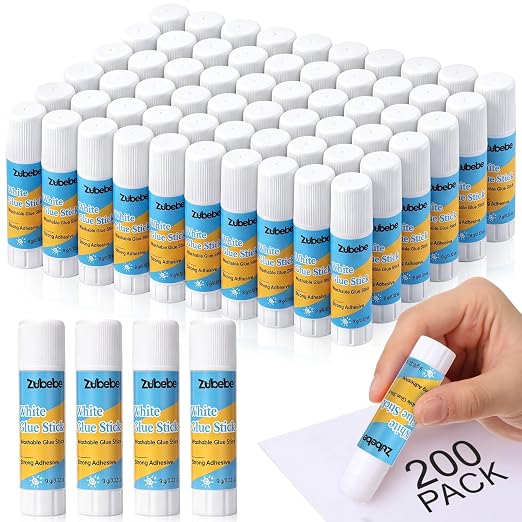 Zubebe 200 Count Glue Stick Bulk, 0.32 oz, 9g, Chic,Classroom Supplies | Washable,ideal for Students Teachers Employees school craft projects, scrapbooking, office stationery, art activities