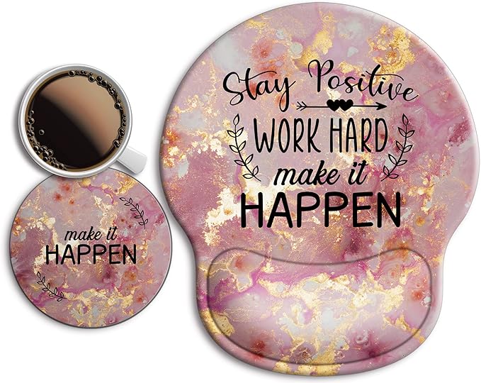 Ergonomic Mouse Pad with Wrist Support Rest,Large Mousepad Gel Wrist Rest, with Coaster Non-Slip & Pain Relief for Computer, Desk, Home&Office-Stay Positive