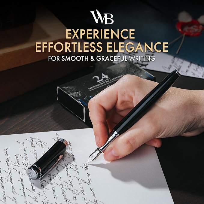 Wordsworth & Black Luxury Fountain Pen Set for Writing, Medium Nib, Black | Gift for Men & Women, Brass Body, 18K German Iridium, Calligraphy, Converter + 24 Ink Cartridges, Refillable, Leak-Free