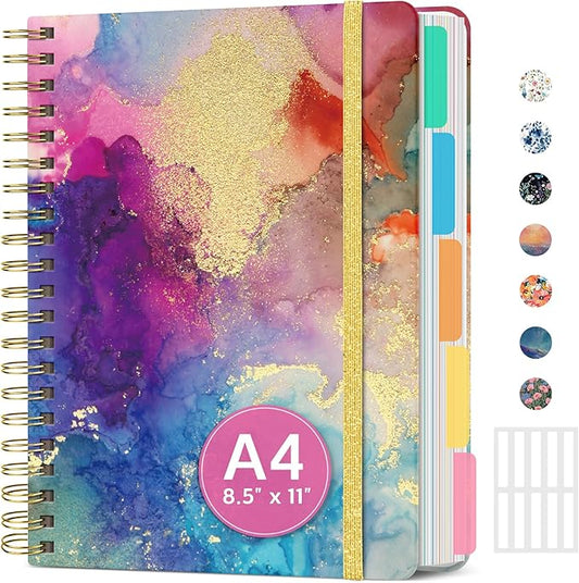 Large Spiral Lined Notebooks for Work with Removable Dividers & Tabs, 8.5"x11" Pretty Hardcover 5 Subject Notebook Journal for Women, College Ruled, Perfect for Study & Office Organization, 280 Pages,Color Splash