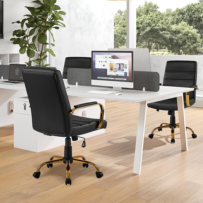 Yaheetech Mid-Back Office Chair PU Leather Desk Chair Adjustable Executive Task Chair w/Lumber Support Gold Leg Black Seat