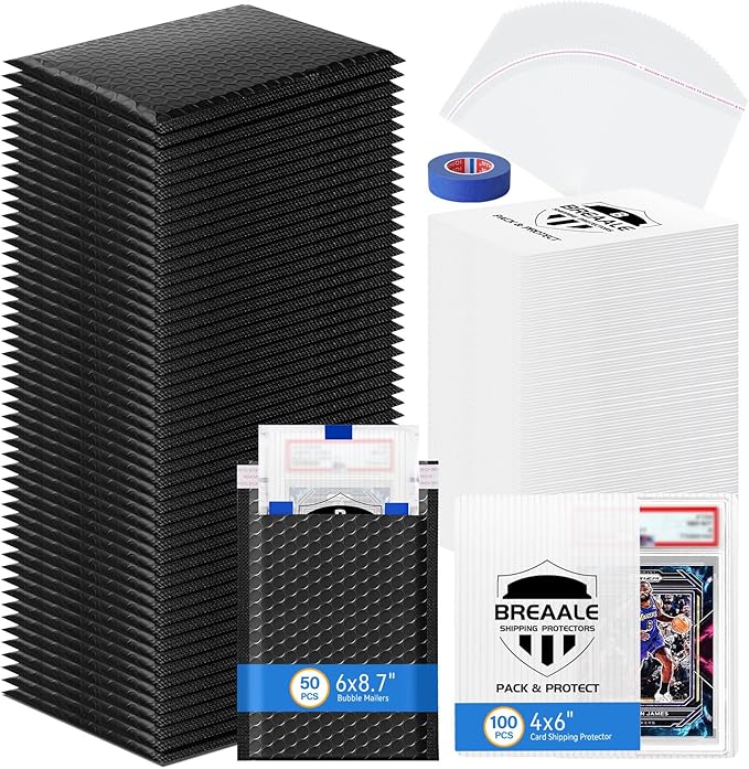 Trading Card Shipping Kit, Includes 100 4'' x 6'' Graded Card Shipping Protectors, 50 6'' x 8.7'' Envelope Bubble Mailers, 20M Painter’s Tape, 50 Cellophane Bags, PSA BGS CGC Slabs & Raw