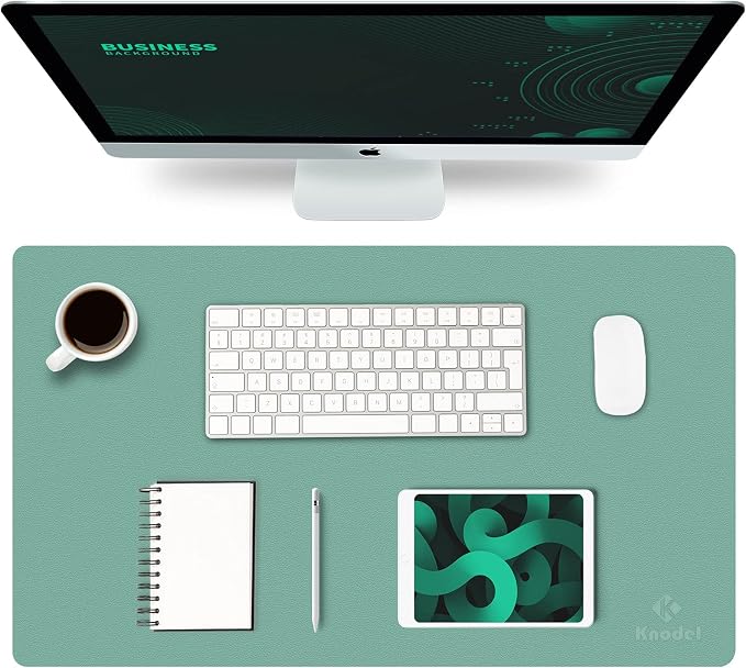 K KNODEL Small Office Desk Mat, Leather Mouse Pad (23.6"x13.8", Green) | Desk Pad, Keyboard Pad, Computer and Laptop Mat, Desktop Protector and Cover, Writing Pad and Blotter for Home Office