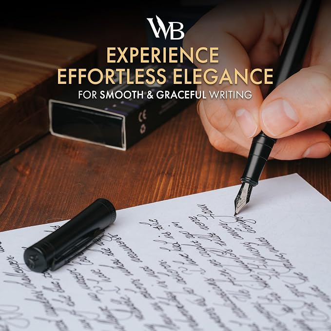 Wordsworth & Black Luxury Fountain Pen Set for Writing, Bent Nib, All Black | Gift for Men & Women, Brass Body, German Iridium, Calligraphy, Converter + 24 Ink Cartridges, Refillable, Leak-Free