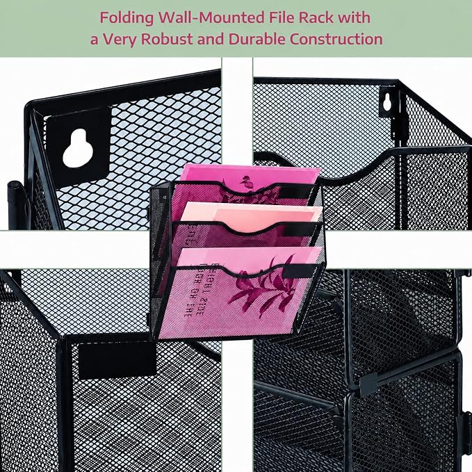 3 Pockets Mesh Wall File Holder Organizer Office Hanging File Folder Magazine Rack, Nametag Label Hooks Set Included (Black)