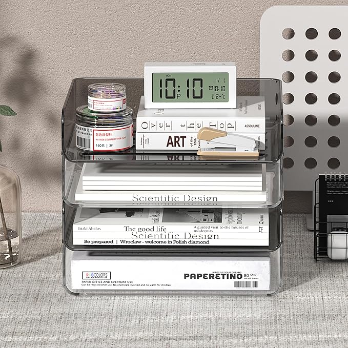 4-Tier Horizontal Acrylic Paper Tray Organizer | Clear Stackable Desk Organizer for Documents, Letters, A4 Paper | Modern Office/Classroom/Home Organization,Clear&Brown