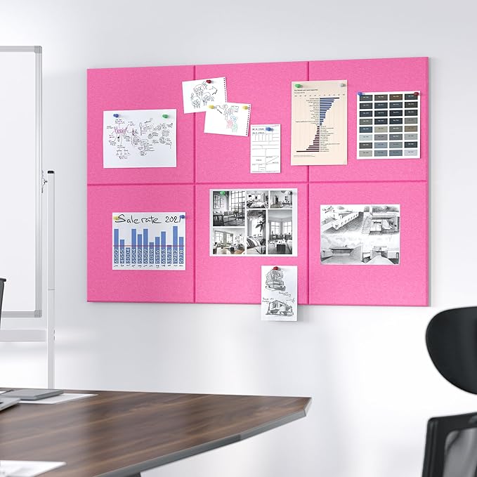 Large Cork Board for Wall, 36" x 24" Bulletin Board with Pushpins, 6 Panels Felt Tiles Tack Push Pin Board for Office, Pink