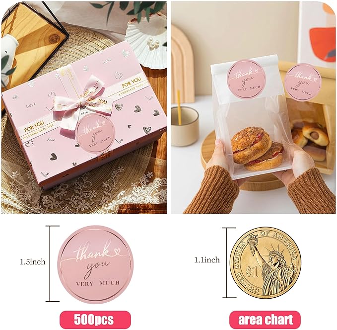 Thank You Stickers for Small Business – 500 Blush Pink Round Stickers with Rose Gold Foil, 1.5 Inch Waterproof Adhesive Labels for Packaging, Gifts & Envelopes