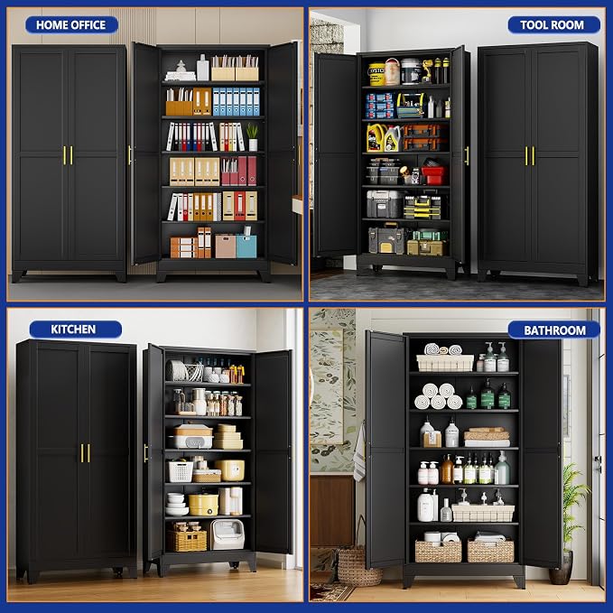 Metal Storage Cabinet with 2 Doors and 5 Adjustable Shelves - 75.2" Steel File Cabinet,Tool Cabinets for Office,Home,Garage,Gym,School (Black)