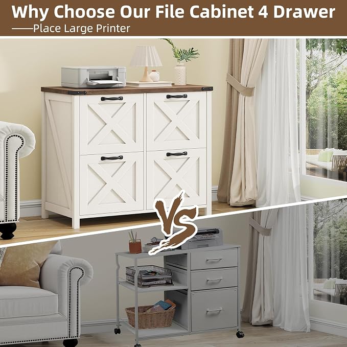 Befrases Farmhouse File Cabinet, Lateral Filing Cabinet with 4 Drawers for Letter/A4 Size Hanging Files, Wooden Printer Stand File Storage Cabinet for Home Office Cabinets, Rustic White