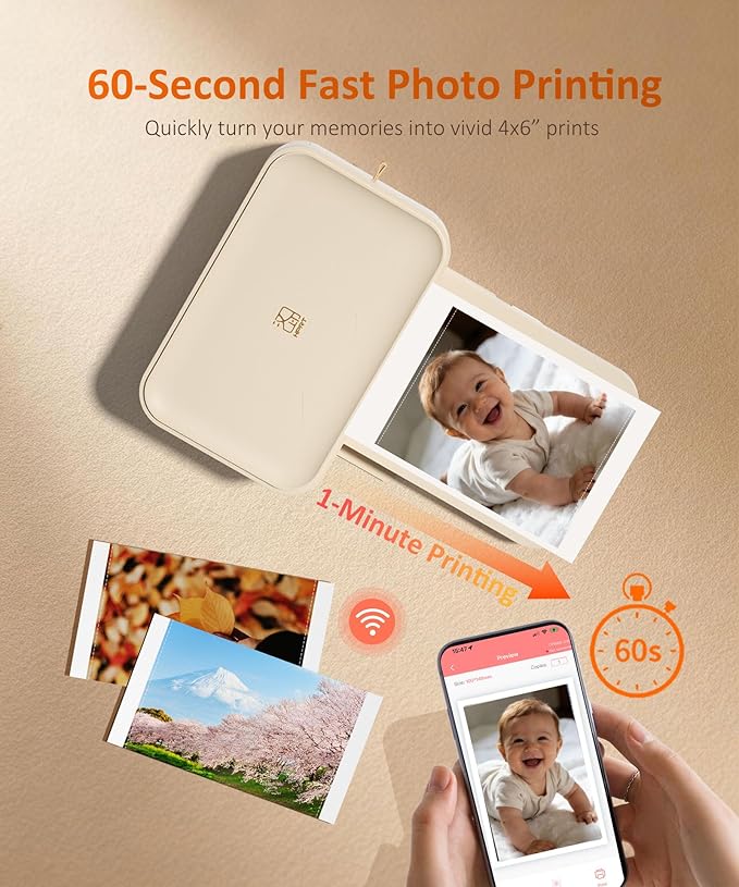 HPRT CP4100 4x6 Photo Printer with 108 Sheets & 2 Ribbons, Full-Color Thermal Dye Sublimation Wi-Fi Printing, Portable Instant Picture Printer for iPhone/Android, AR Video, Fun App, Home Use, Beige