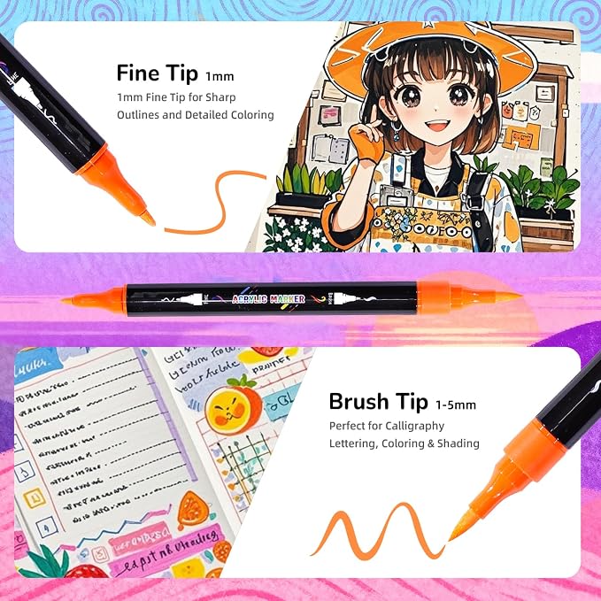 WINSONS Acrylic Markers, 60 Dual-Tip Paint Pens for Rock Painting, Colouring Books, Mugs, Canvas Shoes, Metal, Scrapbooking - Quick Dry, Brush & Fine, Drawing Markers