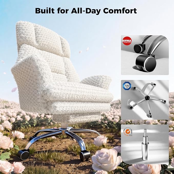 Big and Tall Office Chair, Flip Armrests for Pets & Cross Legged Sitting | Executive Ergonomic Computer Gaming Chair with Foot Rest, White Rose Velvet Wide Seat Reclining Desk Chair