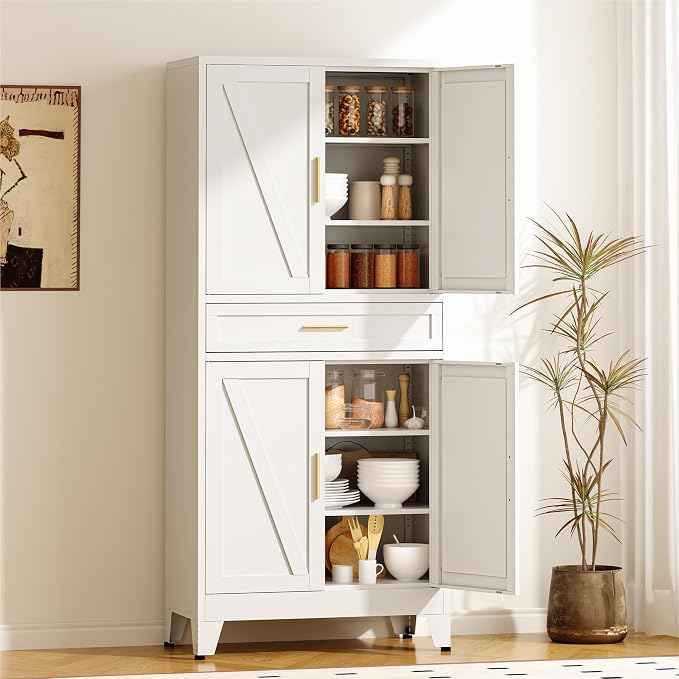 COFaR 71" Tall Pantry Cabinet with Drawer, White Storage Cabinet with Adjustable Shelves, 3-Section Freestanding Cupboard for Kitchen Organization
