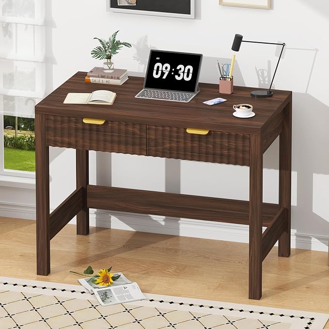 32 Inch Small Fluted Computer Desk with 2 Drawers for Bedroom, Home Office | Small Computer Desk with Storage, Compact Writing Study Desk for Small Spaces, Walnut